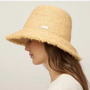 Scala Frayed-Brim Straw Tiki Bucket Hat in Natural Beige